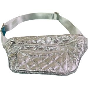 Ah-dorned Silver Quilted Sling Puffy Fanny Pack Crossbody Bag